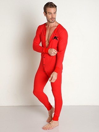 Model in red Skull & Bones Signature Union Suit