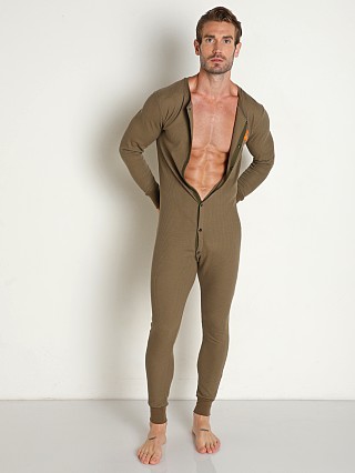 Model in army green Skull & Bones Signature Union Suit