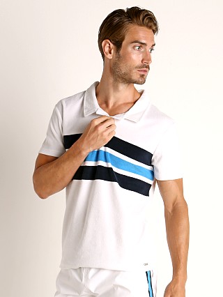 Model in white Hugo Boss Terry Beach Polo Shirt