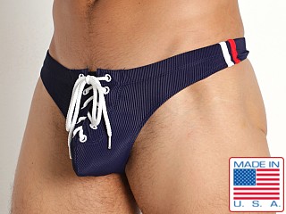 Model in navy Rick Majors Lace-Up Low Rise Swim Thong