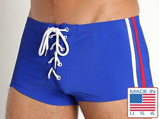 Model in royal Rick Majors Lace-Up Low Rise Swim Trunk