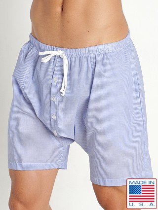 Model in sky blue Rick Majors Sahara Cotton Pinstripe Drop Crotch Shorts