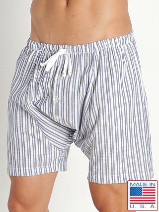 Model in navy Rick Majors Sahara Cotton Pinstripe Drop Crotch Shorts