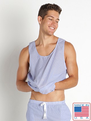 Model in sky blue Rick Majors Sahara Cotton Pinstripe Tank Top