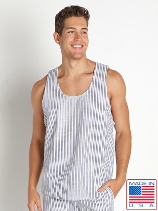 Model in navy Rick Majors Sahara Cotton Pinstripe Tank Top