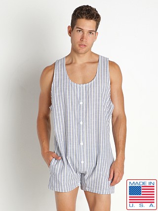 Model in navy Rick Majors Sahara Cotton Pinstripe Singlet