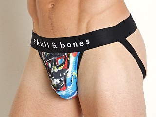 Model in east village graffiti print Skull & Bones Jockstrap