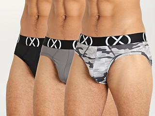 Model in black/lead/tech camo grey 2xist (X) Sport No Show Brief 3-Pack Black/Lead/Grey