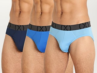 Model in varsity navy/power blue/alaskan blue 2xist (X) Sport Mesh No Show Brief 3-Pack Navy/Blue/Blue