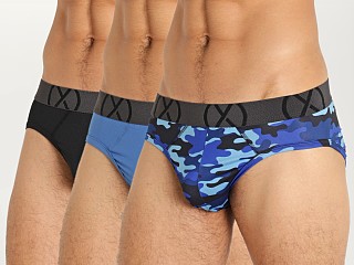 Model in black/dark denim/traditional camo denim 2xist (X) Sport Mesh No Show Brief 3-Pack Black/Denim/Camo