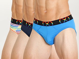 Model in varsity navy/electric blue/rainbow stripe print 2xist (X) Sport Pride No Show Brief 3-Pack Navy/Blue/Rainbow