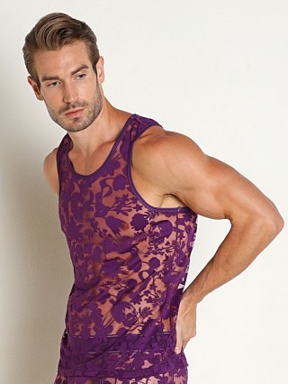 Model in purple Skull & Bones Burnout Tank Top