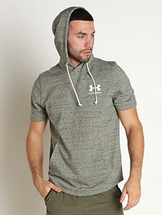 Model in grove green Under Armour Rival Terry Short Sleeve Hoodie