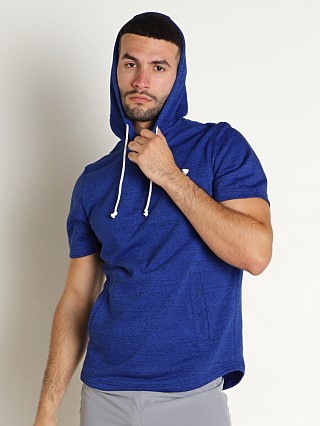 Model in royal blue Under Armour Rival Terry Short Sleeve Hoodie