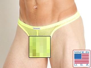 Model in neon yellow Rick Majors Tempest Mesh Thong