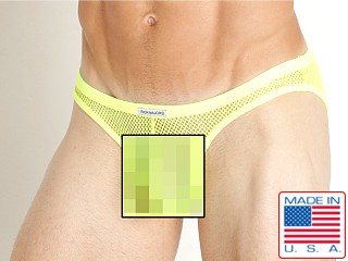 Model in neon yellow Rick Majors Tempest Mesh Super Low Rise Brief