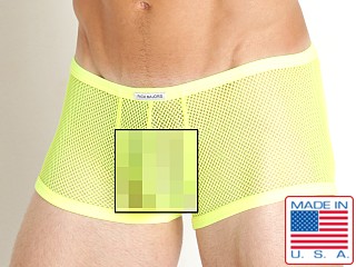 Model in neon yellow Rick Majors Tempest Mesh Low Rise Trunk