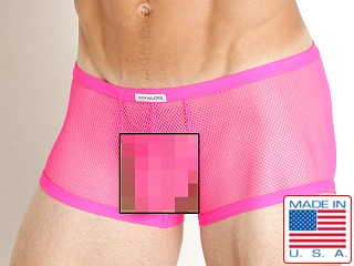 Model in neon pink Rick Majors Tempest Mesh Low Rise Trunk