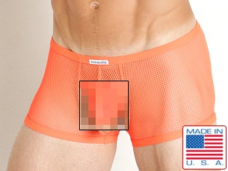 Model in neon orange Rick Majors Tempest Mesh Low Rise Trunk