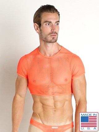 Model in neon orange Rick Majors Tempest Mesh Cropped Tee