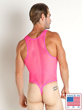 Model in neon pink Rick Majors Tempest Mesh Bodysuit