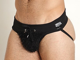 Model in black Modus Vivendi Fringes Line Jockstrap