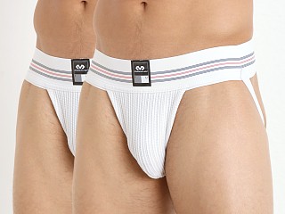 Model in white McDavid Classic Supporter 2-Pack