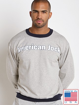 Model in heather/navy American Jock Warm-Up Sweatshirt