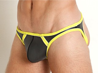 Model in yellow Cell Block 13 Neoprene Archer Jock Brief