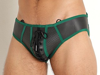 Model in green Cell Block 13 Kick-Off Neoprene Open Back Jock Brief