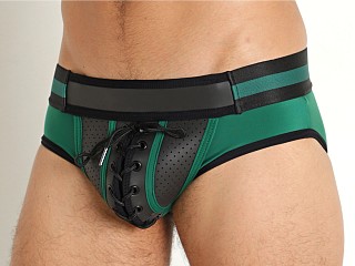 Model in green Cell Block 13 Kick-Off Neoprene Pouch Brief