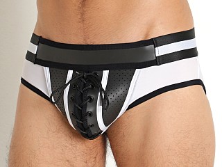 Model in white Cell Block 13 Kick-Off Neoprene Pouch Brief