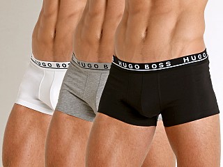 Model in white/grey/black Hugo Boss Cotton Stretch Trunks 3-Pack