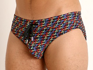 Model in cursive pride rainbow 2xist Pride Rio Sliq Swim Brief