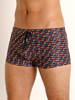 Model in cursive pride rainbow 2xist Pride Cabo Sliq Swim Trunk