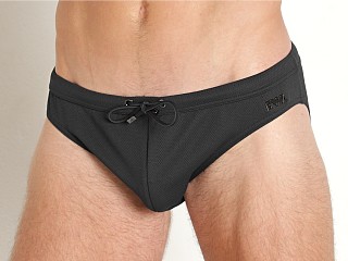 Model in black Emporio Armani Pique Gun Metal Plate Low Swim Brief