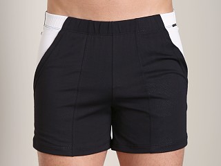 Model in black Tulio Color Block Dry Fit Short