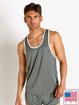 Model in army LASC Matte Jersey Tank Top