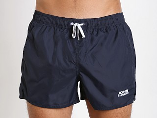 Model in navy John Sievers Natural Pouch Swim Shorts