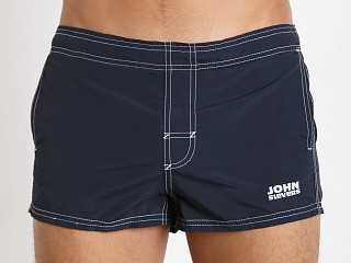 Model in navy John Sievers Natural Pouch Swim Trunk