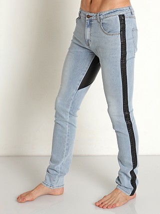 Model in light blue Cell Block 13 Saddleback Denim Pant