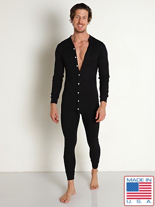 Model in black Go Softwear Lumberjack Button Back Union Suit