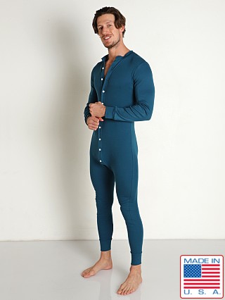 Model in teal Go Softwear Lumberjack Button Back Union Suit