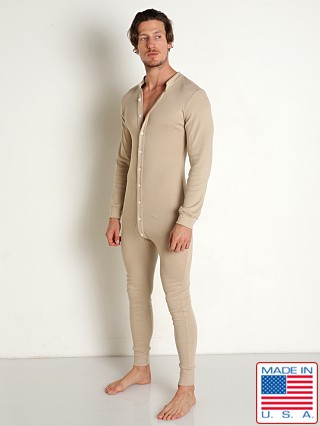 Model in pebble tan Go Softwear Lumberjack Button Back Union Suit