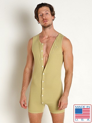 Model in light sage Go Softwear Lumberjack Open Back Onesie