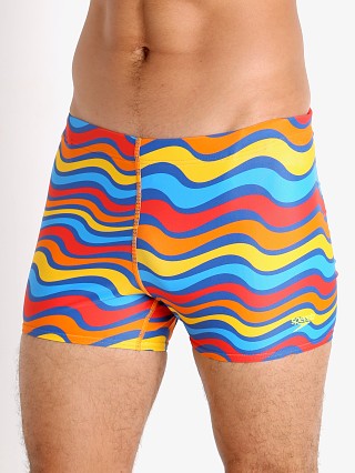 Model in vibrant orange Speedo Wavy Mood Square Leg Swim Trunk