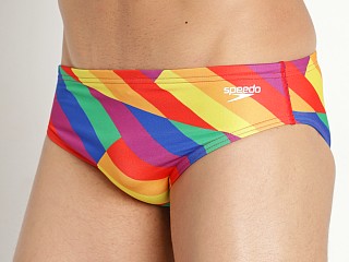 Model in sliced squares Speedo One Printed Rainbow Pride Swim Brief