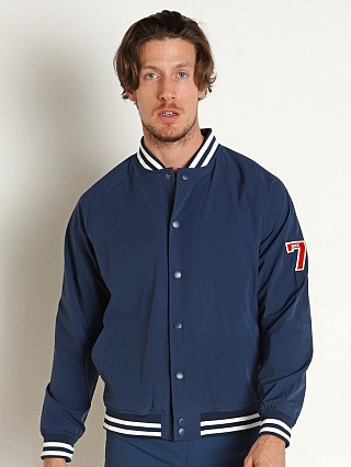 Model in navy Bike Athletic Varsity Bomber Jacket