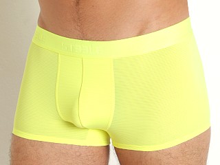 Model in neon yellow St33le Stripe Sheer Neon Trunks