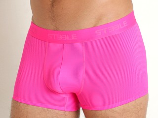 Model in neon fuchsia St33le Stripe Sheer Neon Trunks